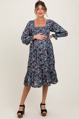 Blue Rose Smocked Velvet Bow Tie Maternity Midi Dress