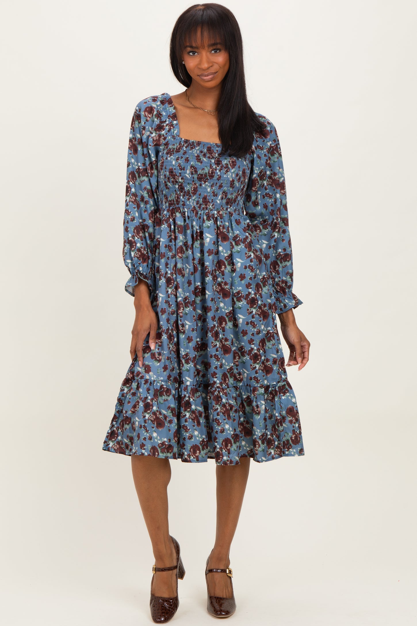 Blue Rose Smocked Velvet Bow Tie Midi Dress