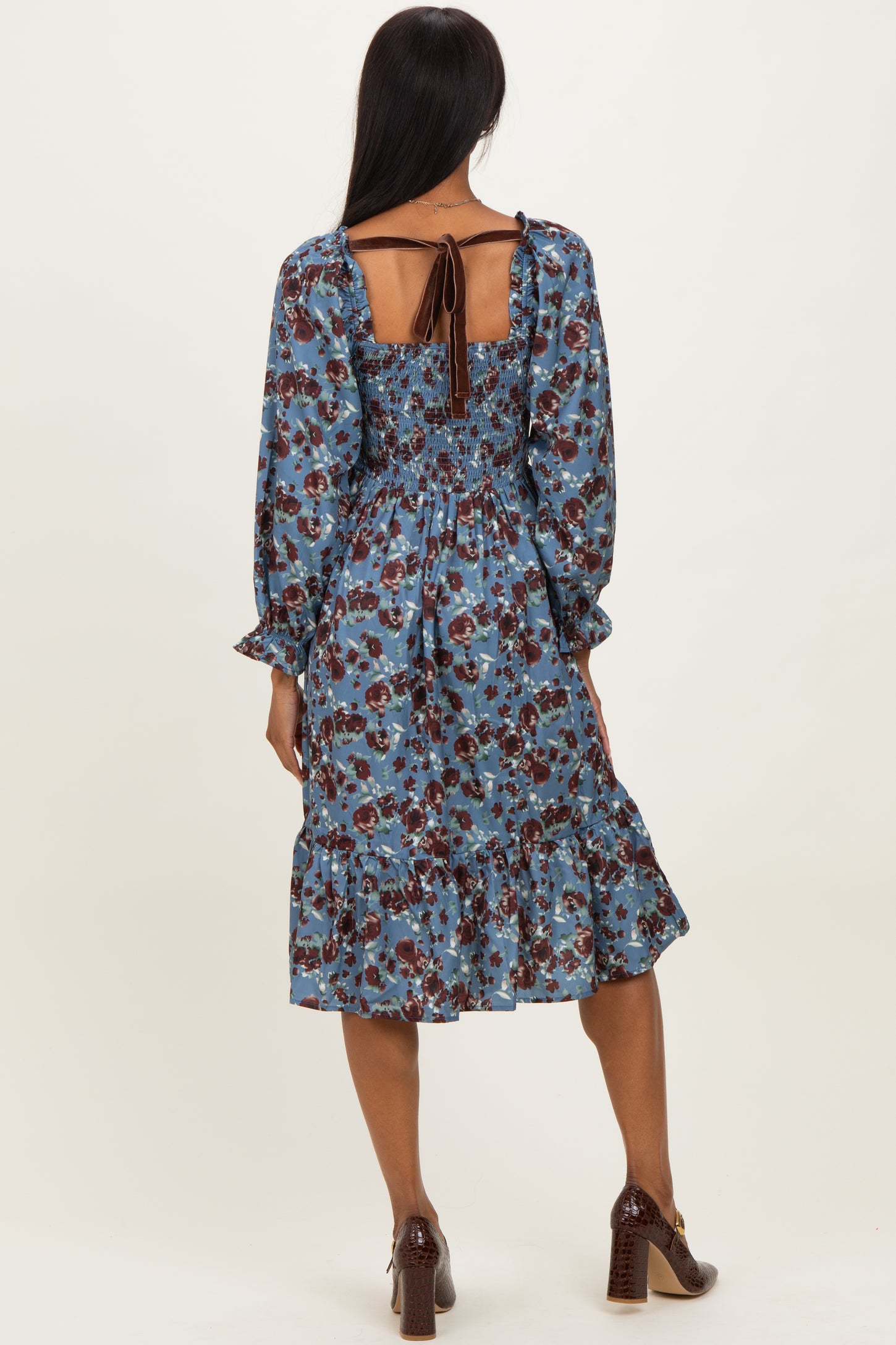 Blue Rose Smocked Velvet Bow Tie Midi Dress