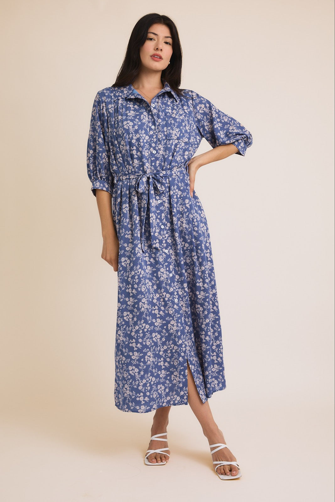Blue Floral Button Down 3/4 Sleeve Maternity Maxi Dress
