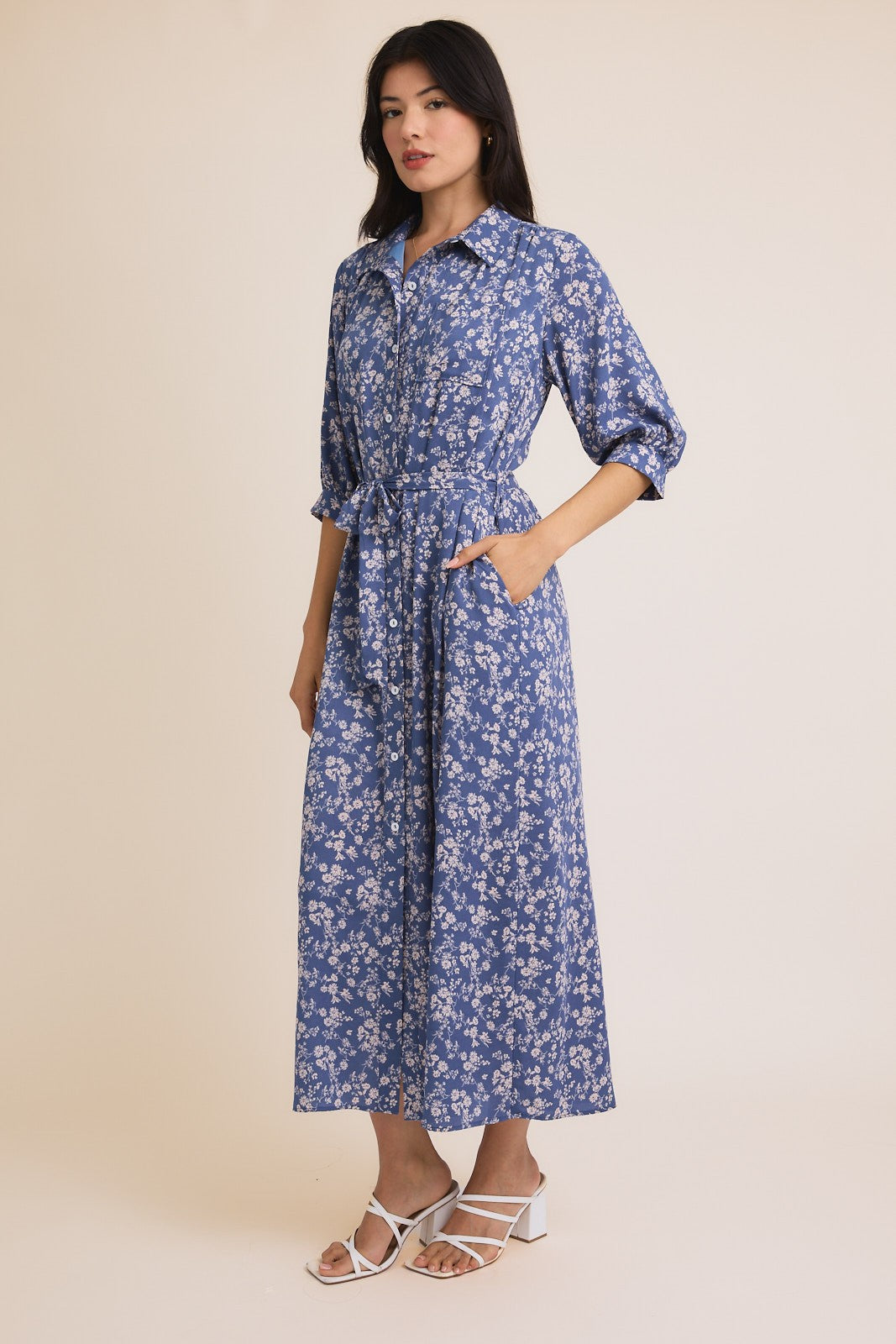 Blue Floral Button Down 3/4 Sleeve Maxi Dress