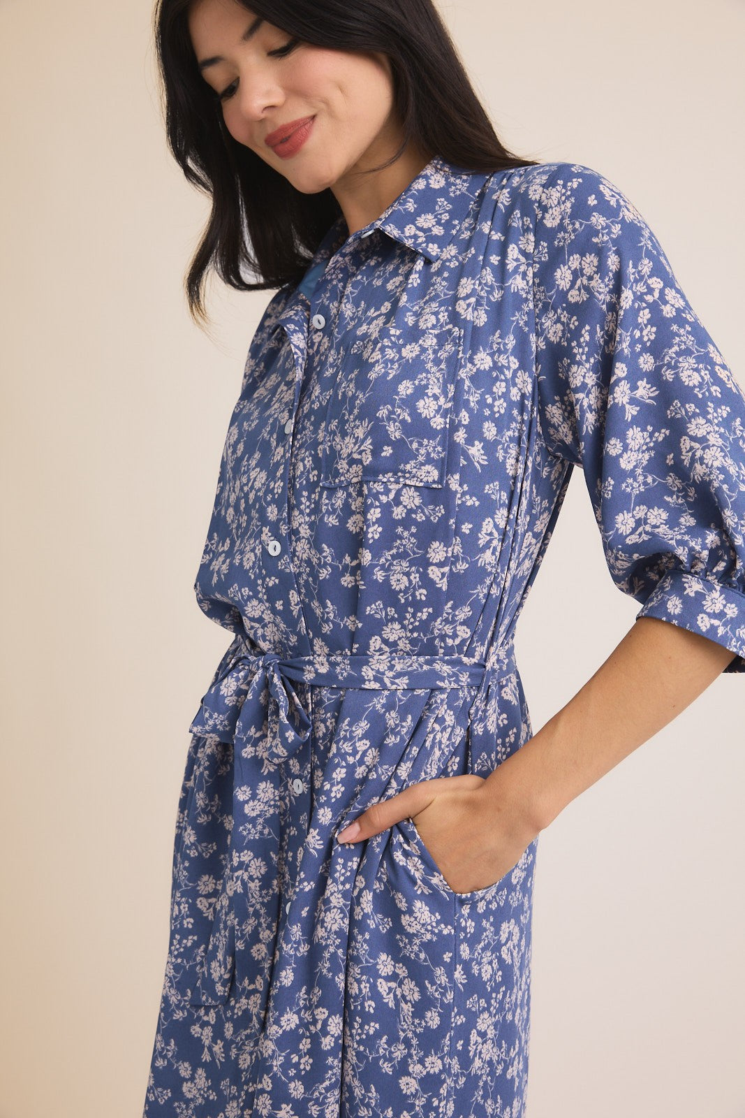 Blue Floral Button Down 3/4 Sleeve Maxi Dress