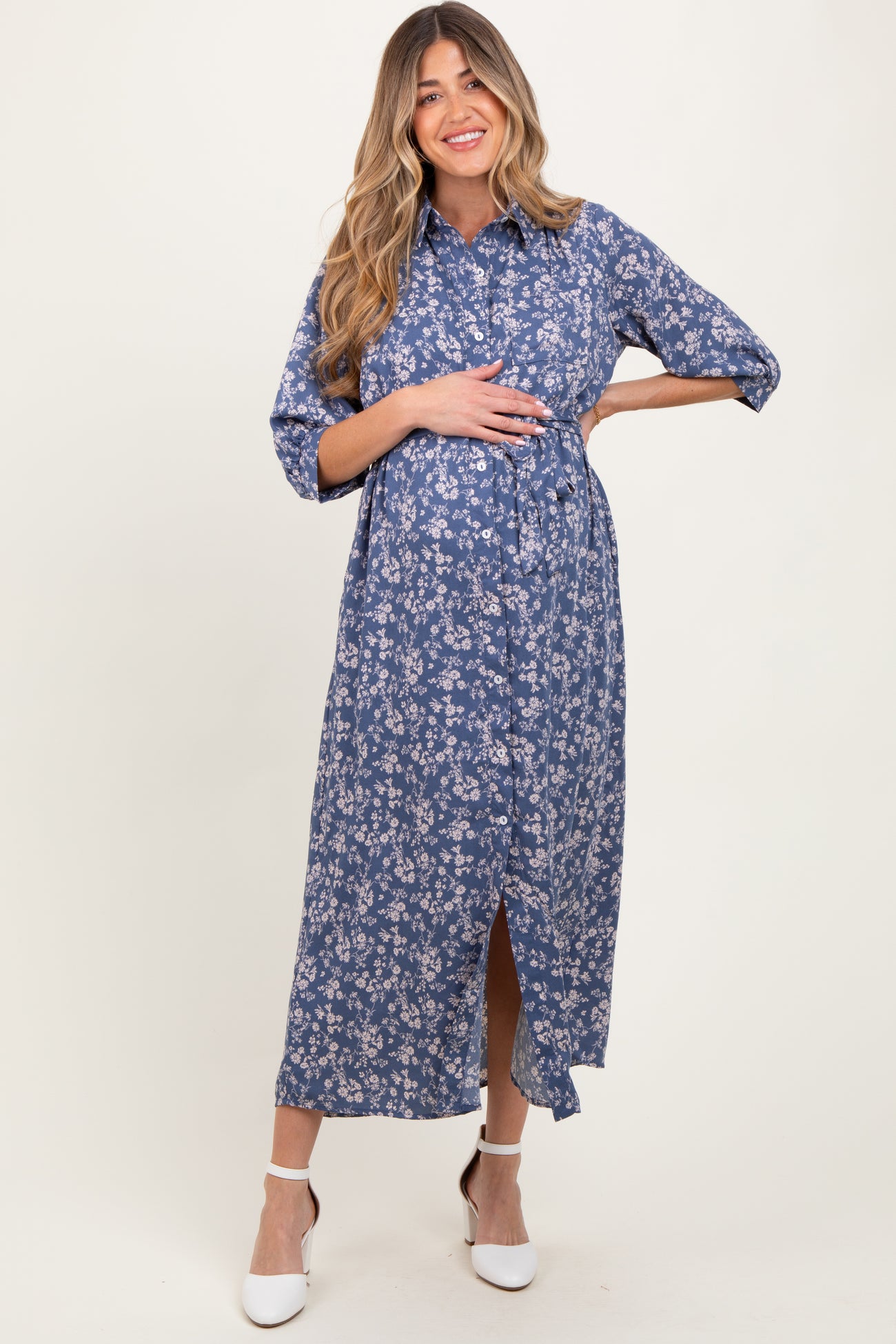 Blue Floral Button Down 3/4 Sleeve Maternity Maxi Dress