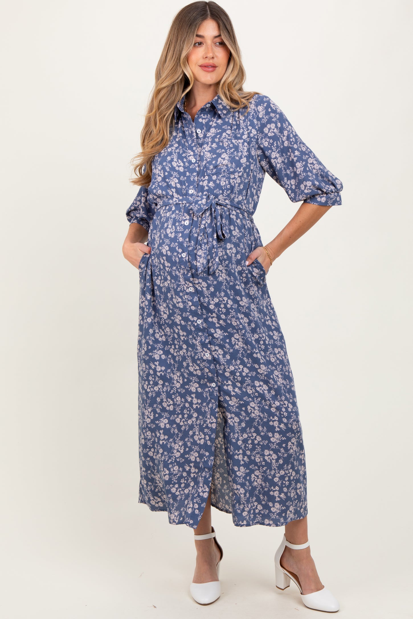 Blue Floral Button Down 3/4 Sleeve Maternity Maxi Dress