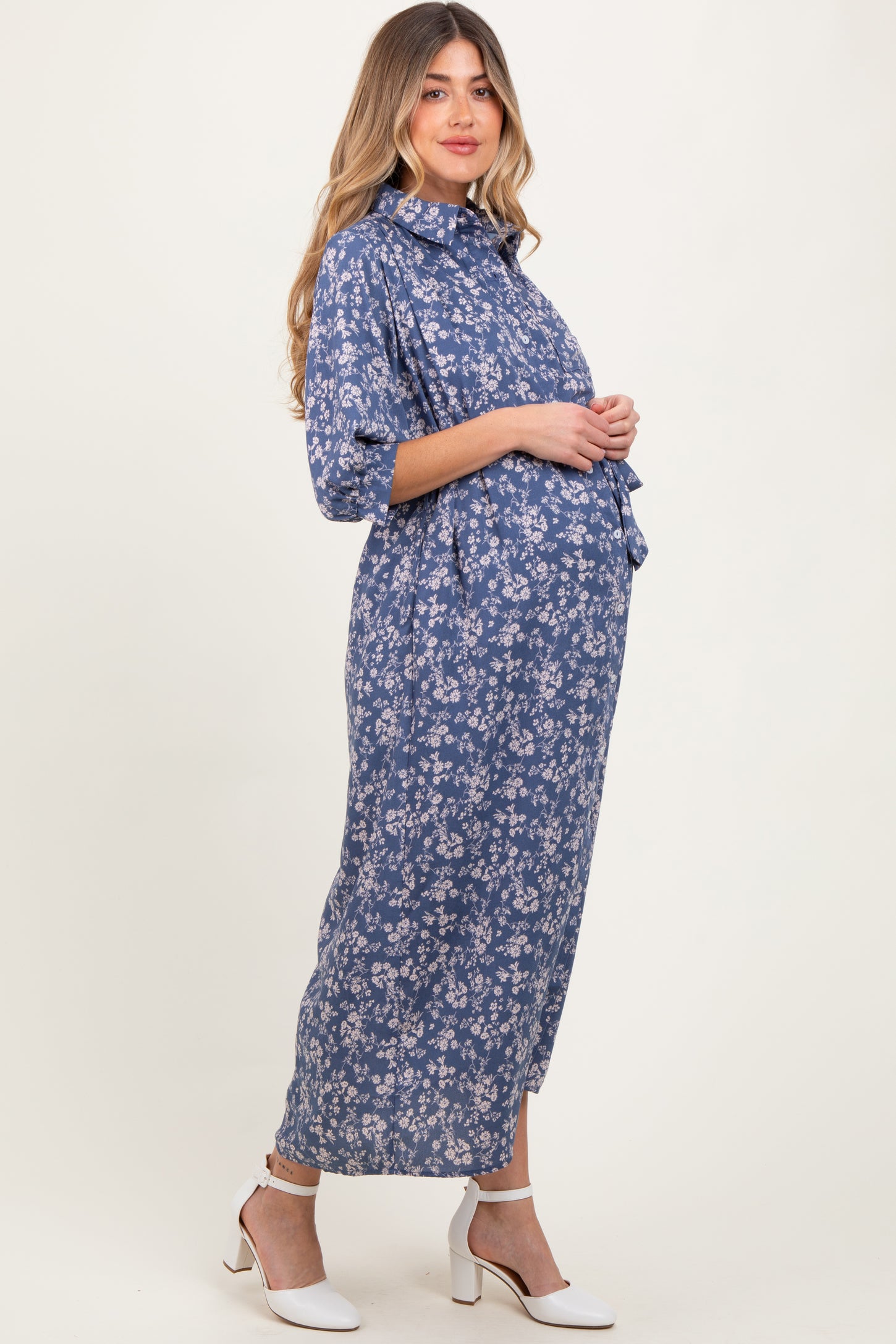 Blue Floral Button Down 3/4 Sleeve Maternity Maxi Dress