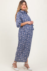 Blue Floral Button Down 3/4 Sleeve Maternity Maxi Dress