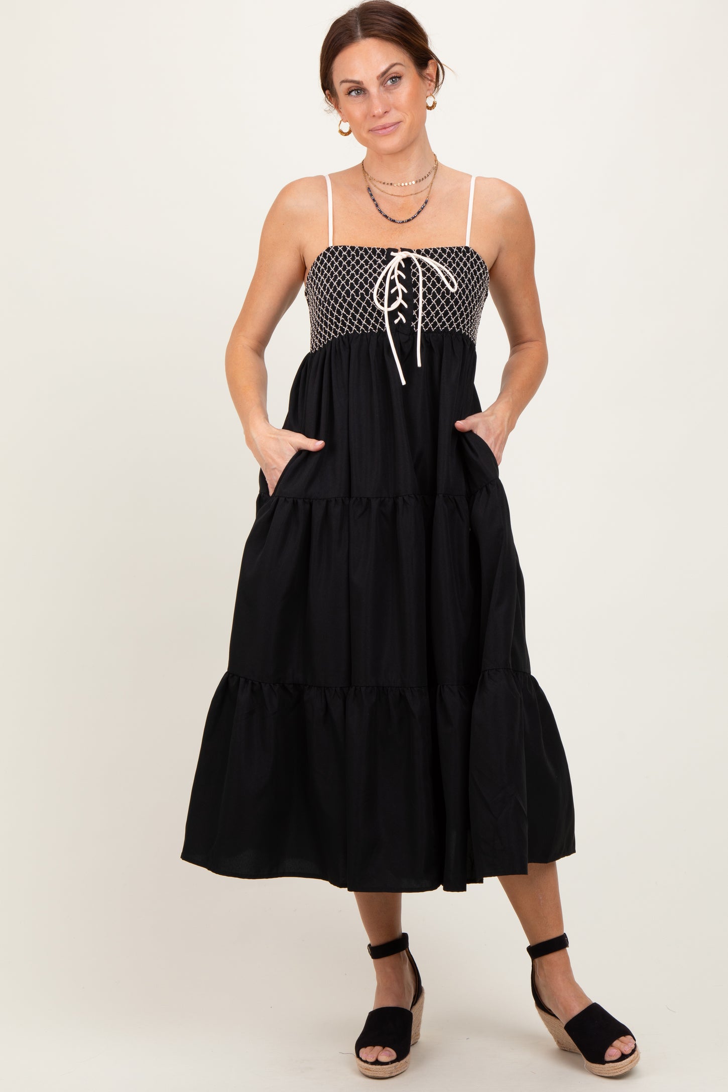 Black Lace Up Smocked Bodice Tiered Maternity Midi Dress