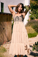 Beige Lace Up Smocked Bodice Tiered Maternity Midi Dress