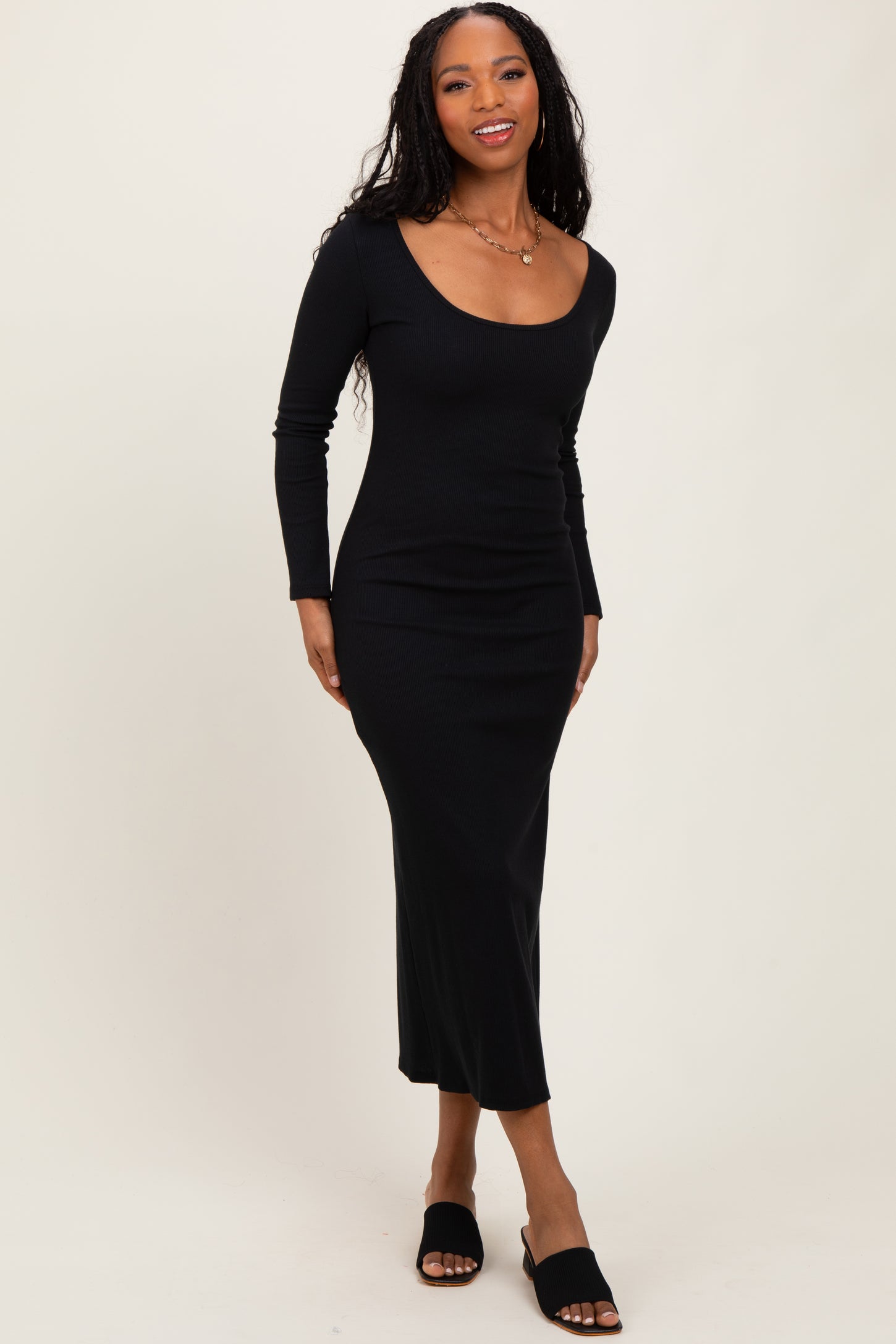 Black Scoop Neck Long Sleeve Maternity Midi Dress