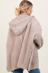 Beige Fuzzy Slit Hem Hooded Cardigan