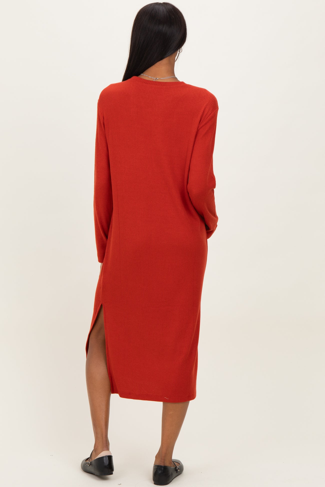 Coral Ribbed Knit Long Sleeve Side Slit Midi Dress