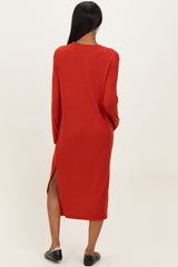 Coral Ribbed Knit Long Sleeve Side Slit Midi Dress