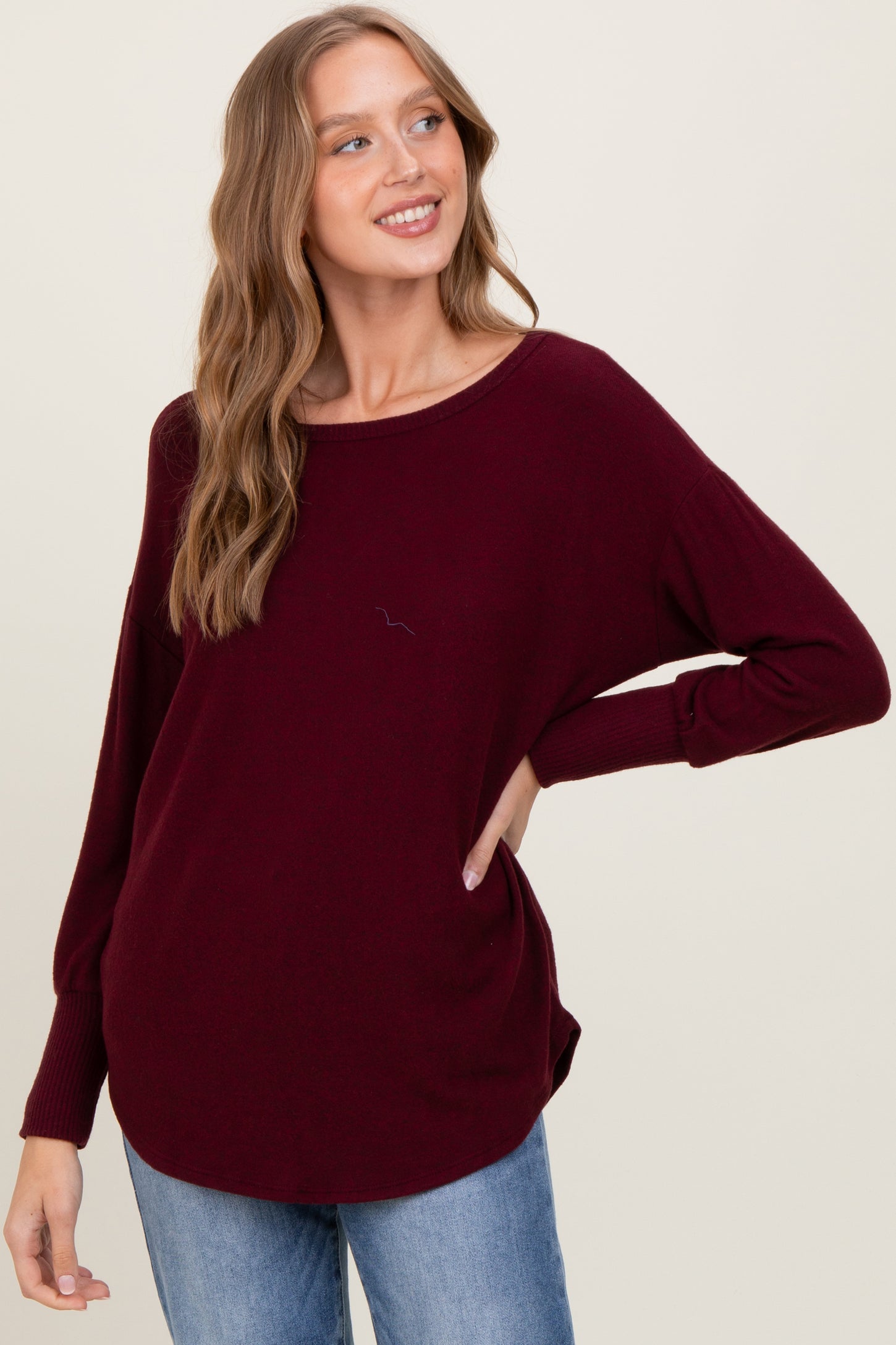 Burgundy Premium Basic Cuffed Loose Fit Top