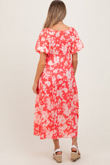 Coral Bubble Short Sleeve Maternity Maxi Dress W/ Side Pocket