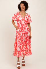 Coral Bubble Short Sleeve Maternity Maxi Dress W/ Side Pocket