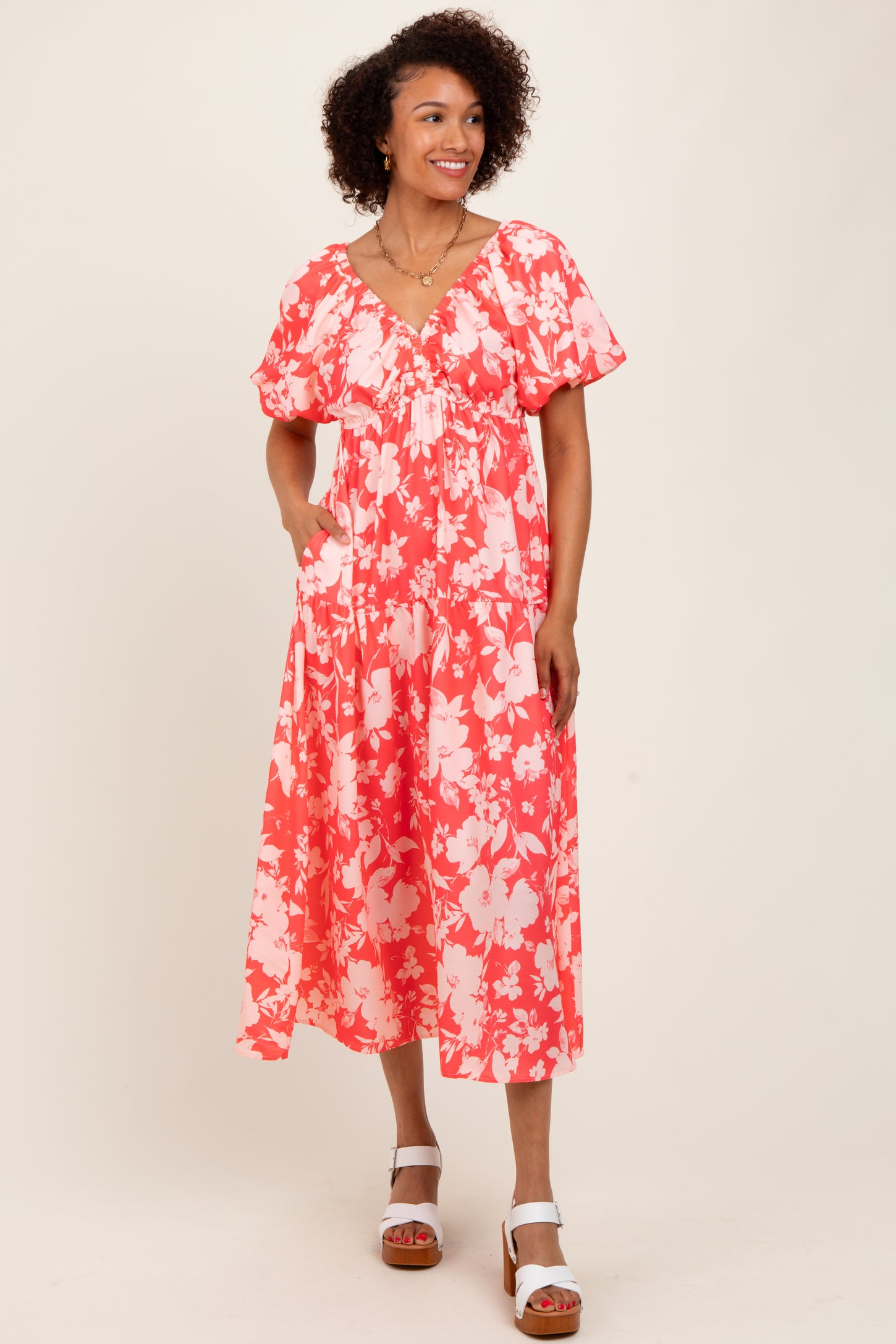 Coral Bubble Short Sleeve Maxi Dress W/ Side Pocket