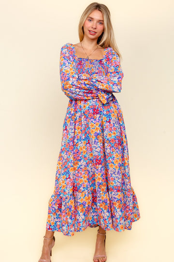 Lavender/Coral Smocking Fit And Flare Maxi With Side Pockets