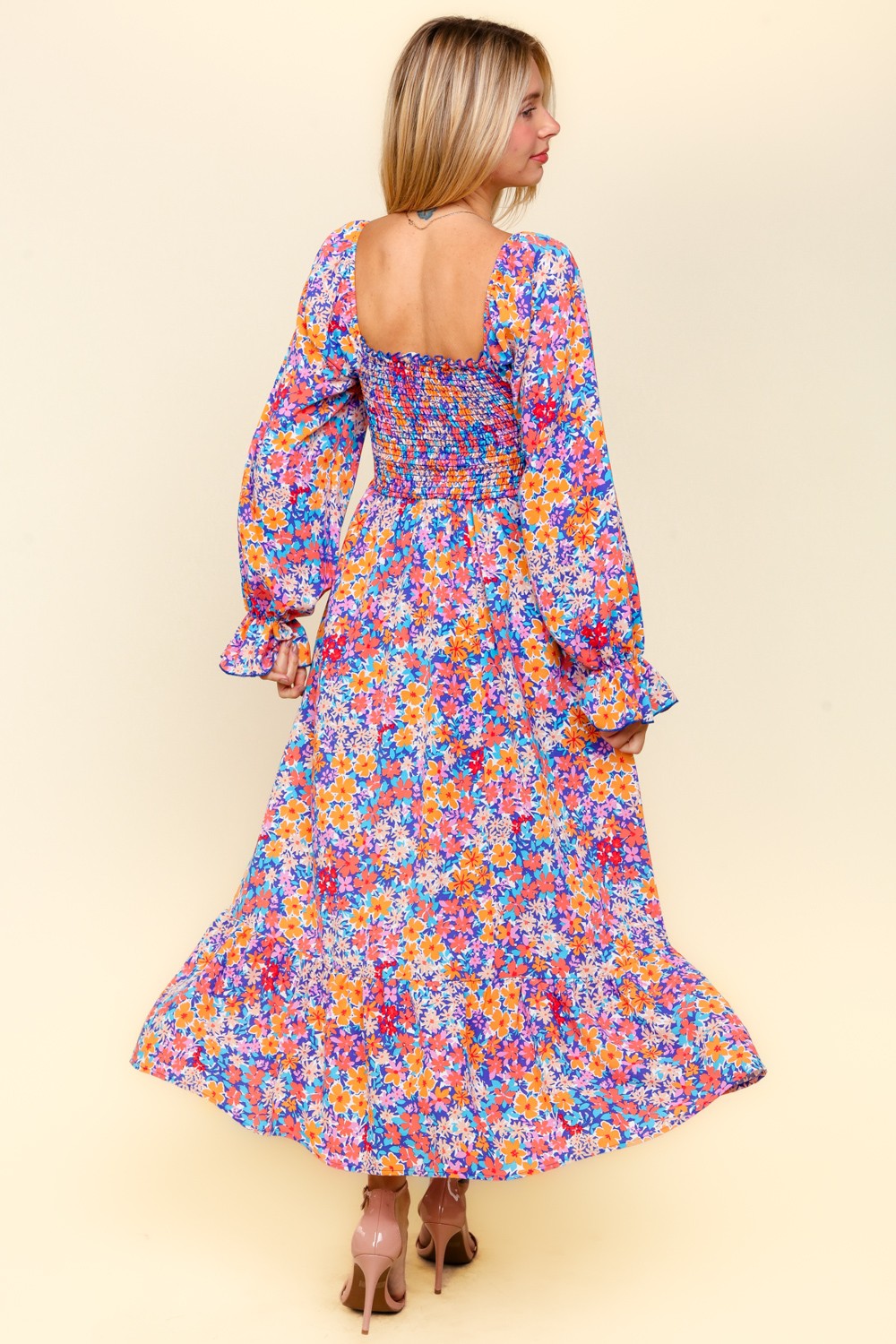 Lavender/Coral Smocking Fit And Flare Maxi With Side Pockets
