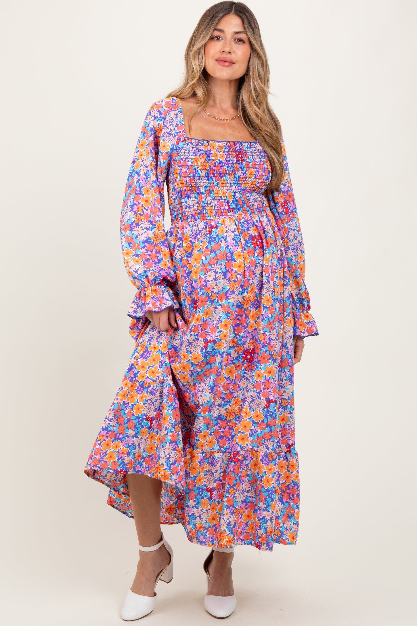 Lavender/Coral Smocking Fit And Flare Maternity Maxi With Side Pockets