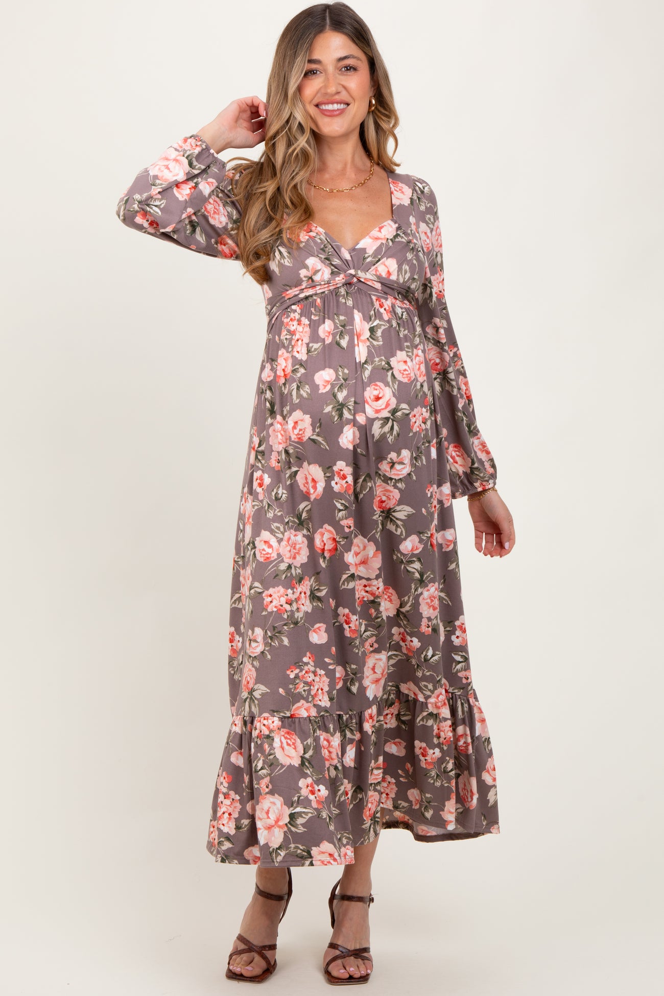 Mauve Blush Sweetheart Neckline Maternity Maxi With Side Pockets