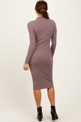 Mocha Ribbed Knit Mock Neck Long Sleeve Midi Dress