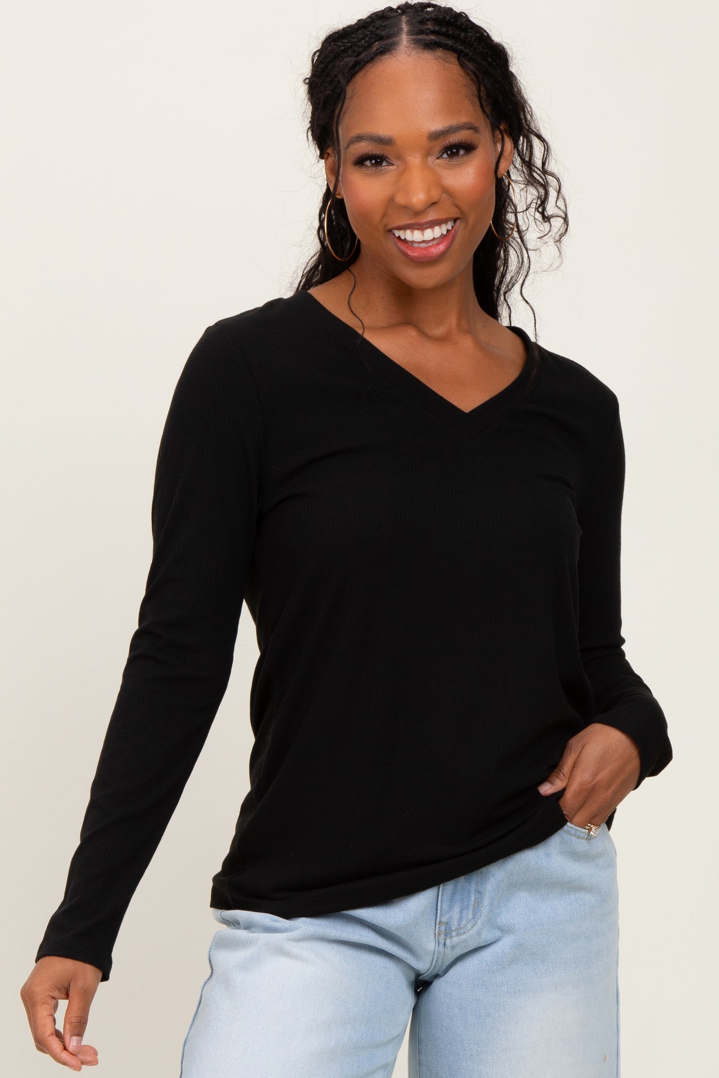 Black Ribbed Knit V-Neck Long Sleeve Top