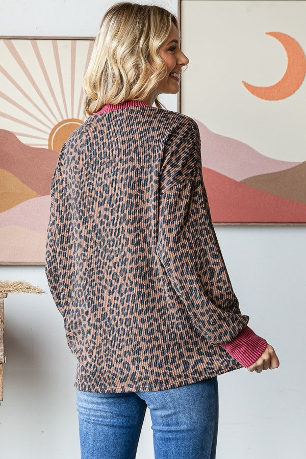 Brown Ribbed Animal Print Contrast Trim Pullover