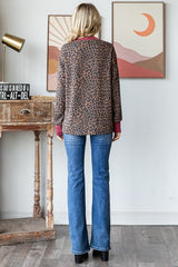 Brown Ribbed Animal Print Contrast Trim Pullover