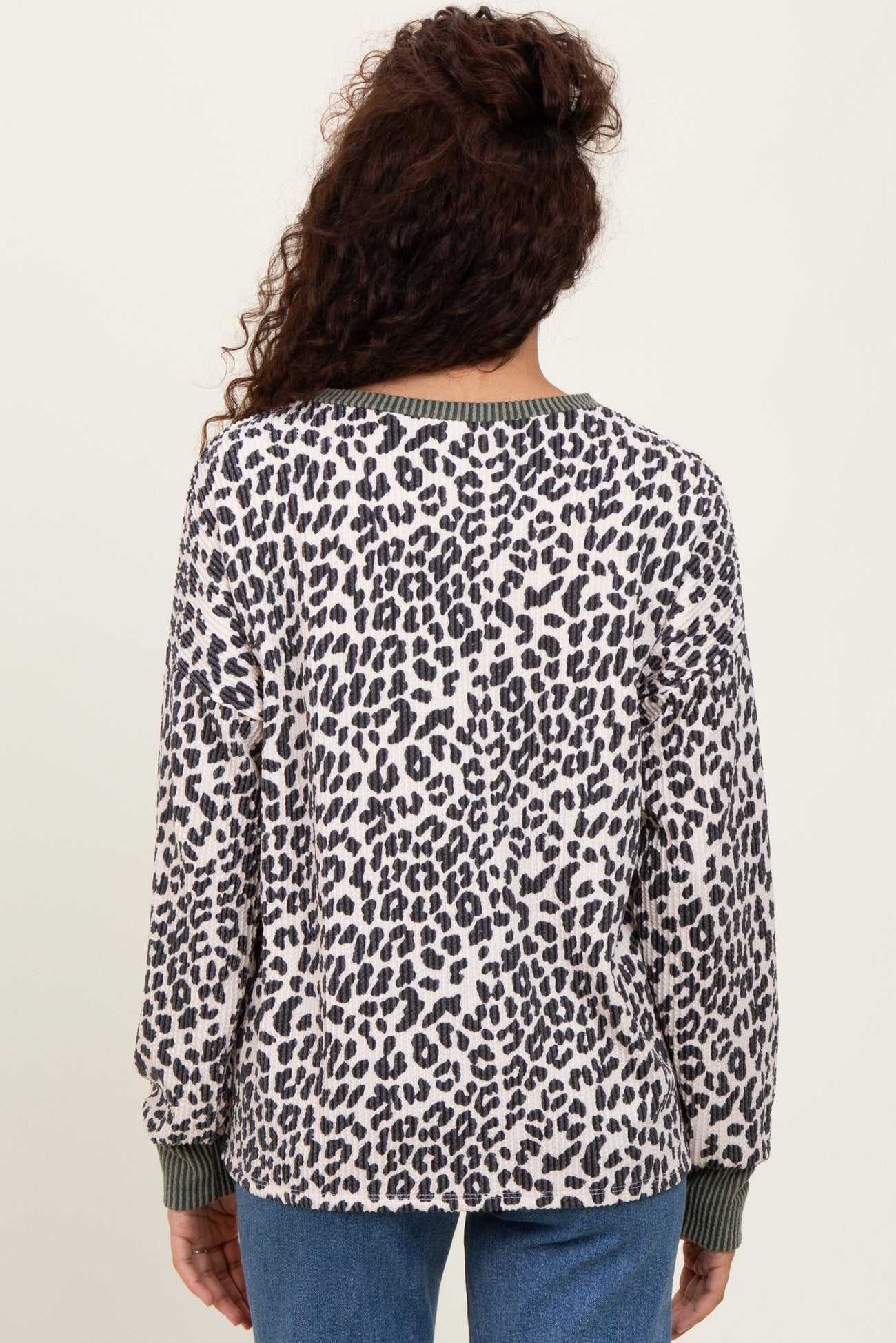 Cream Ribbed Animal Print Contrast Trim Pullover