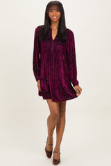 Burgundy Velvet Damask Print Long Sleeve Mini Dress