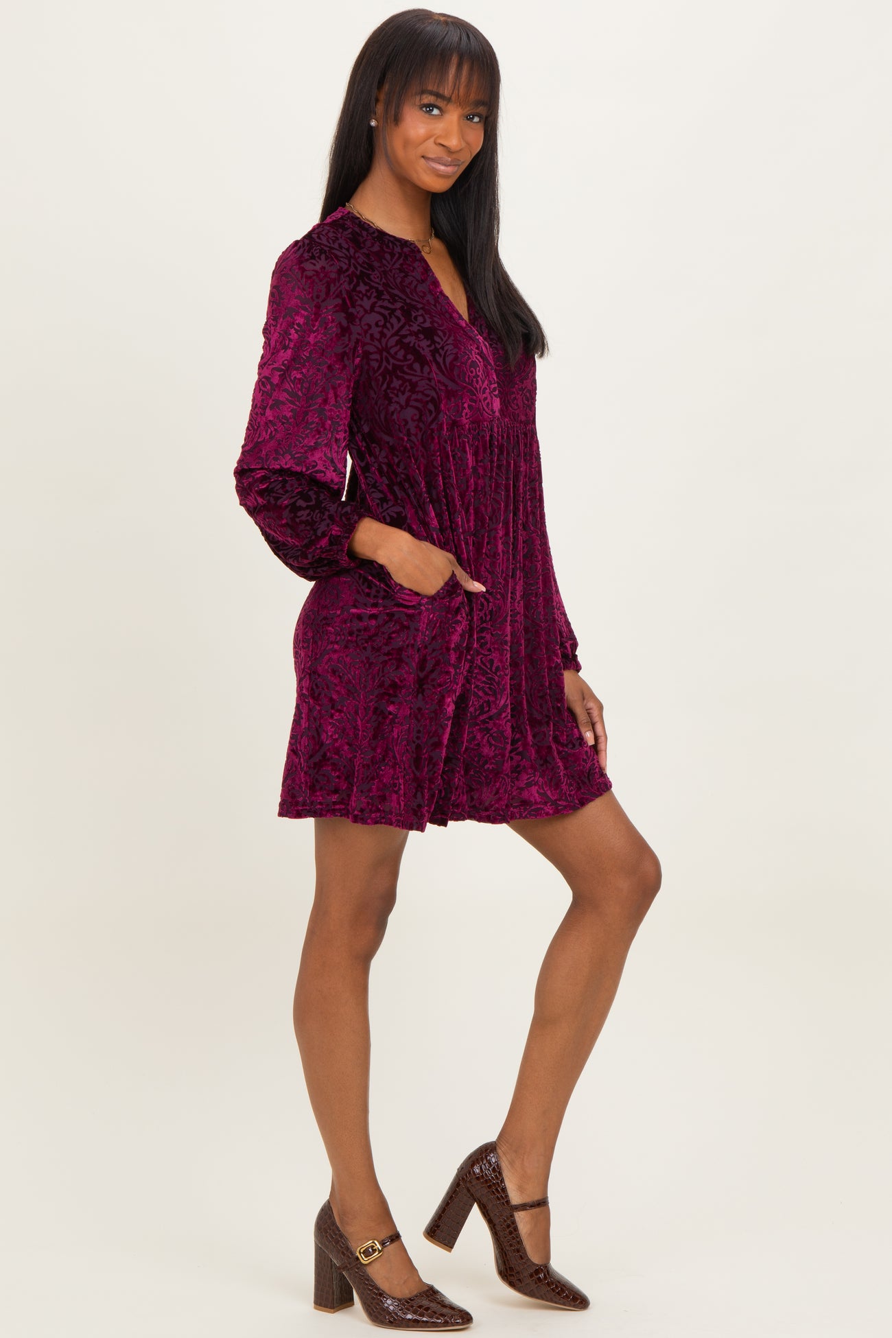 Burgundy Velvet Damask Print Long Sleeve Mini Dress