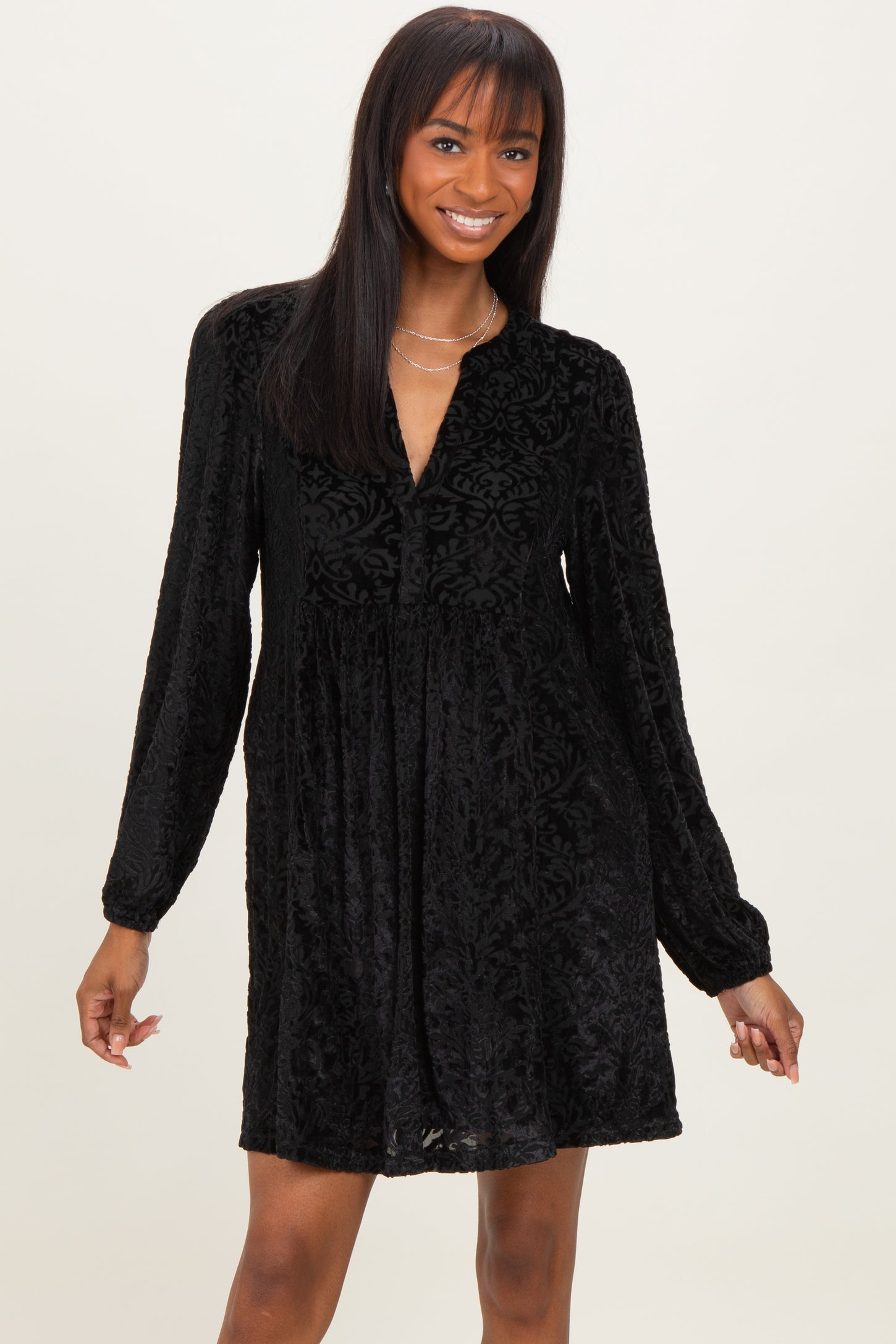 Black Velvet Damask Print Long Sleeve Maternity Mini Dress