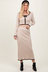 Cream Contrast Bow Ribbed Knit Crop Top And Midi Skirt Maternity Set