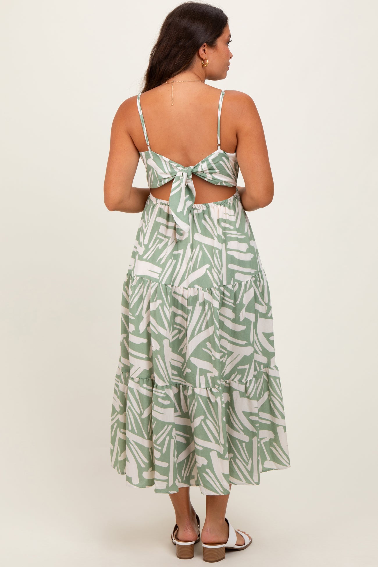Light Olive Printed Cutout Tie Back Tiered Maternity Midi Dress