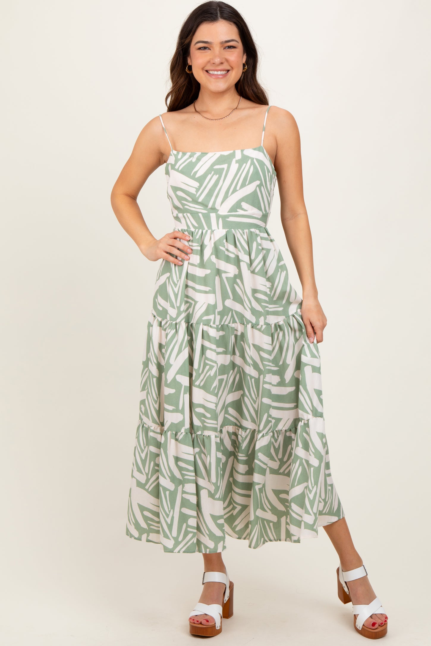 Light Olive Printed Cutout Tie Back Tiered Midi Dress