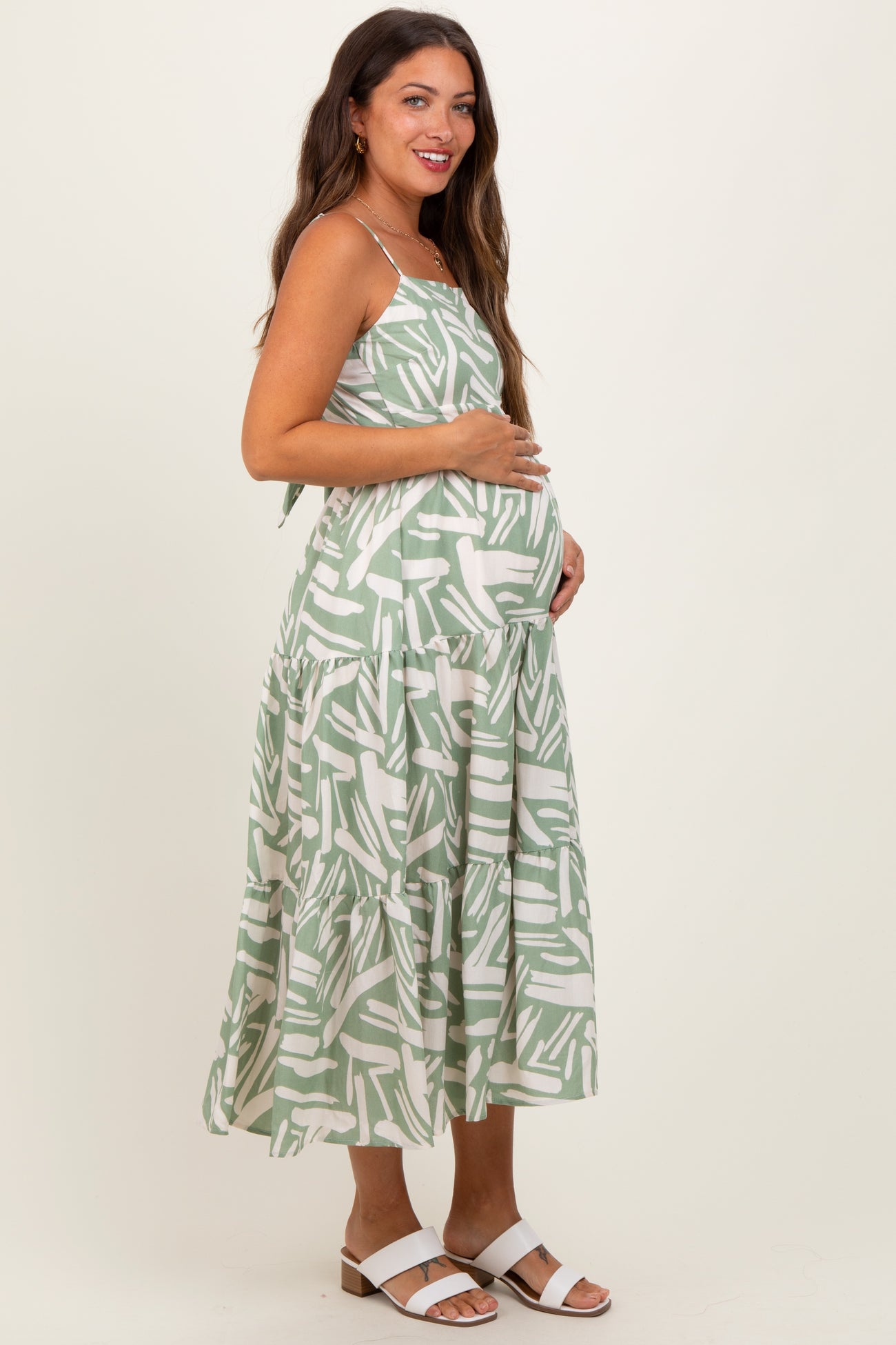 Light Olive Printed Cutout Tie Back Tiered Maternity Midi Dress