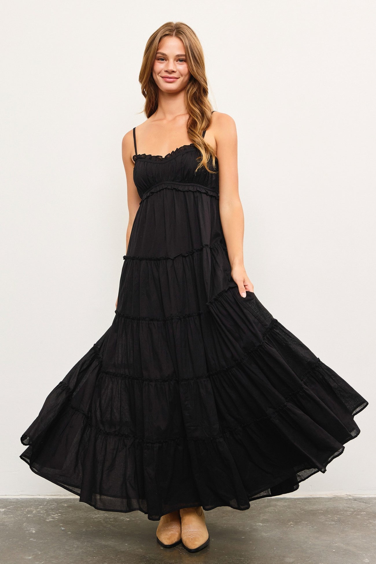 Black Shirred Bust Ruffle Tiered Maxi Dress