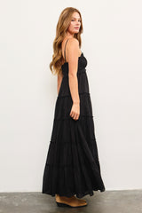 Black Shirred Bust Ruffle Tiered Maxi Dress