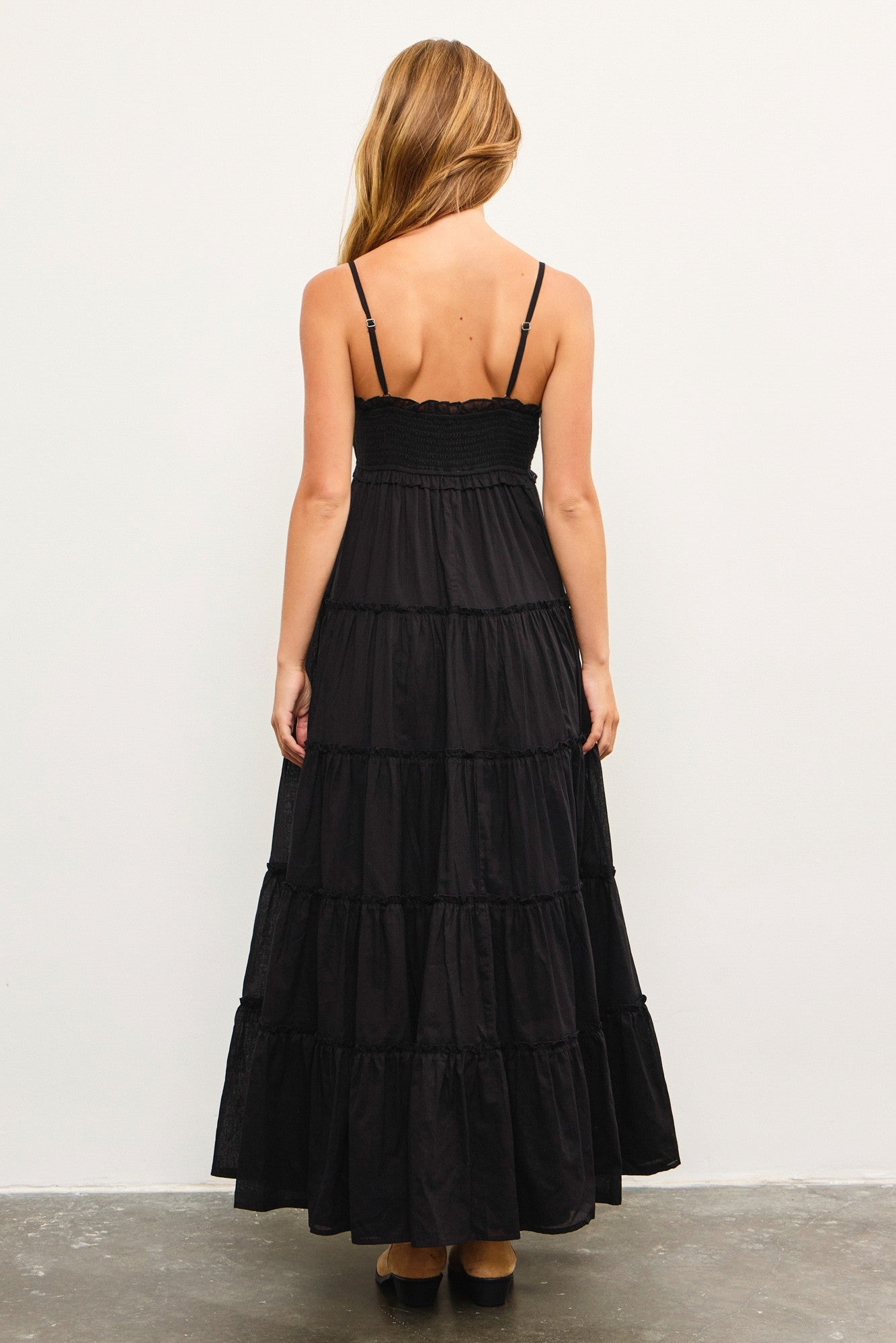 Black Shirred Bust Ruffle Tiered Maxi Dress