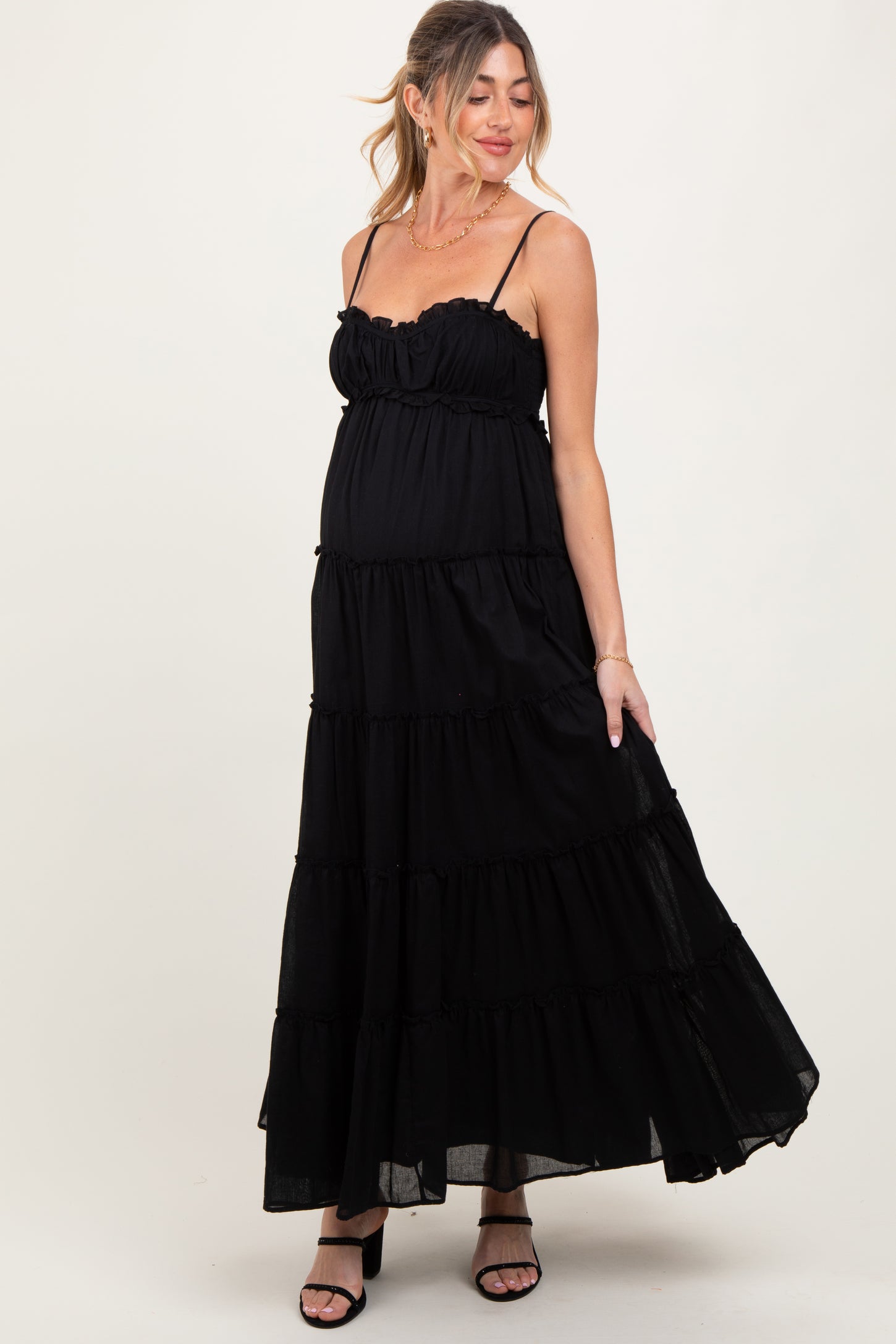 Black Shirred Bust Ruffle Tiered Maternity Maxi Dress