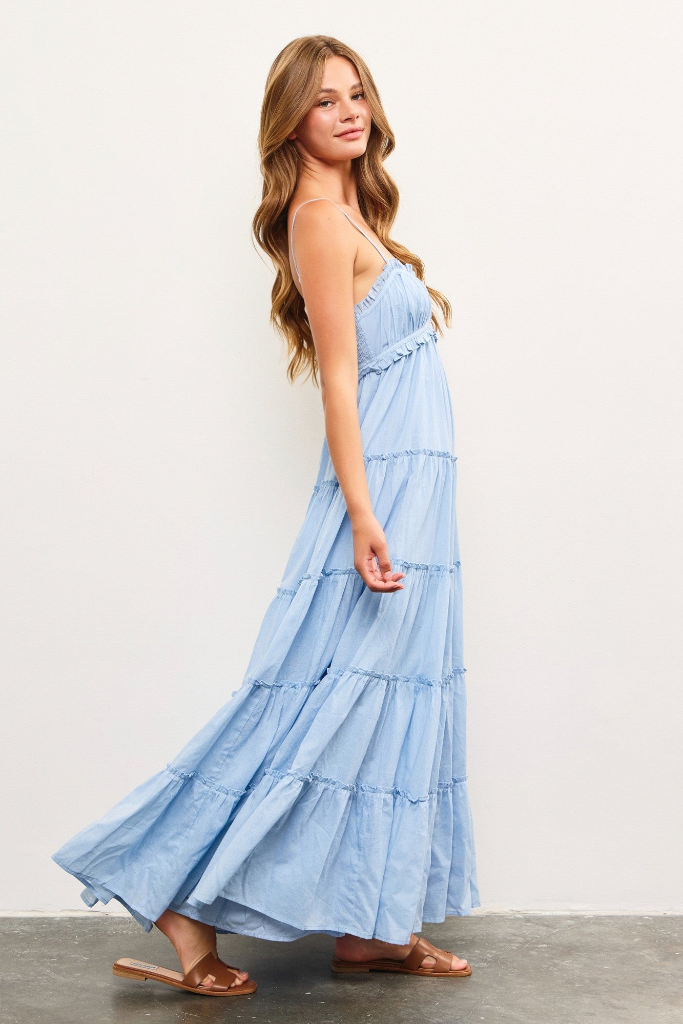 Light Blue Shirred Bust Ruffle Tiered Maxi Dress