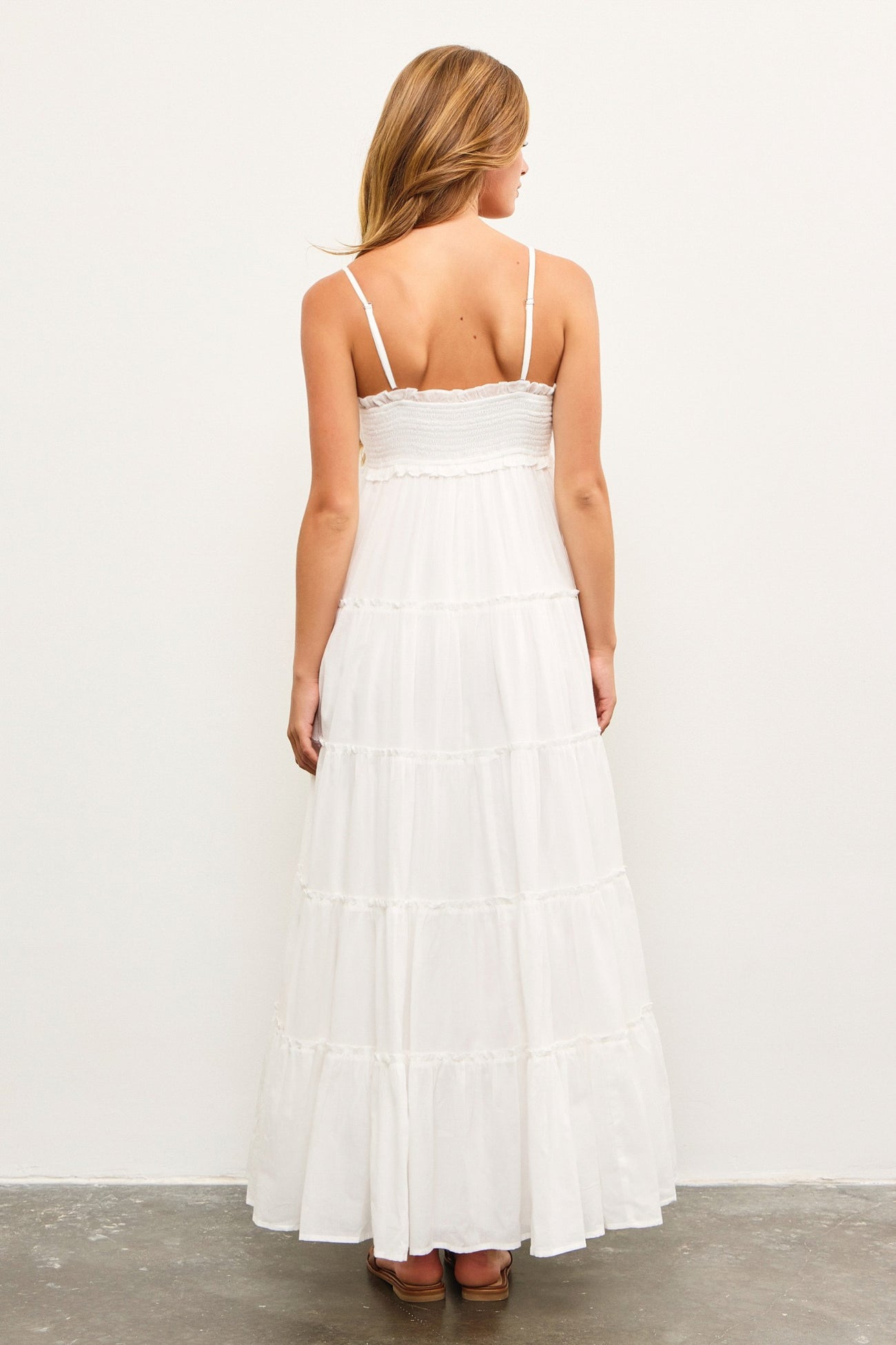 White Shirred Bust Ruffle Tiered Maxi Dress