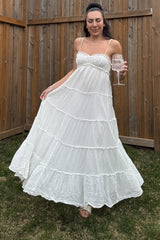 White Shirred Bust Ruffle Tiered Maxi Dress