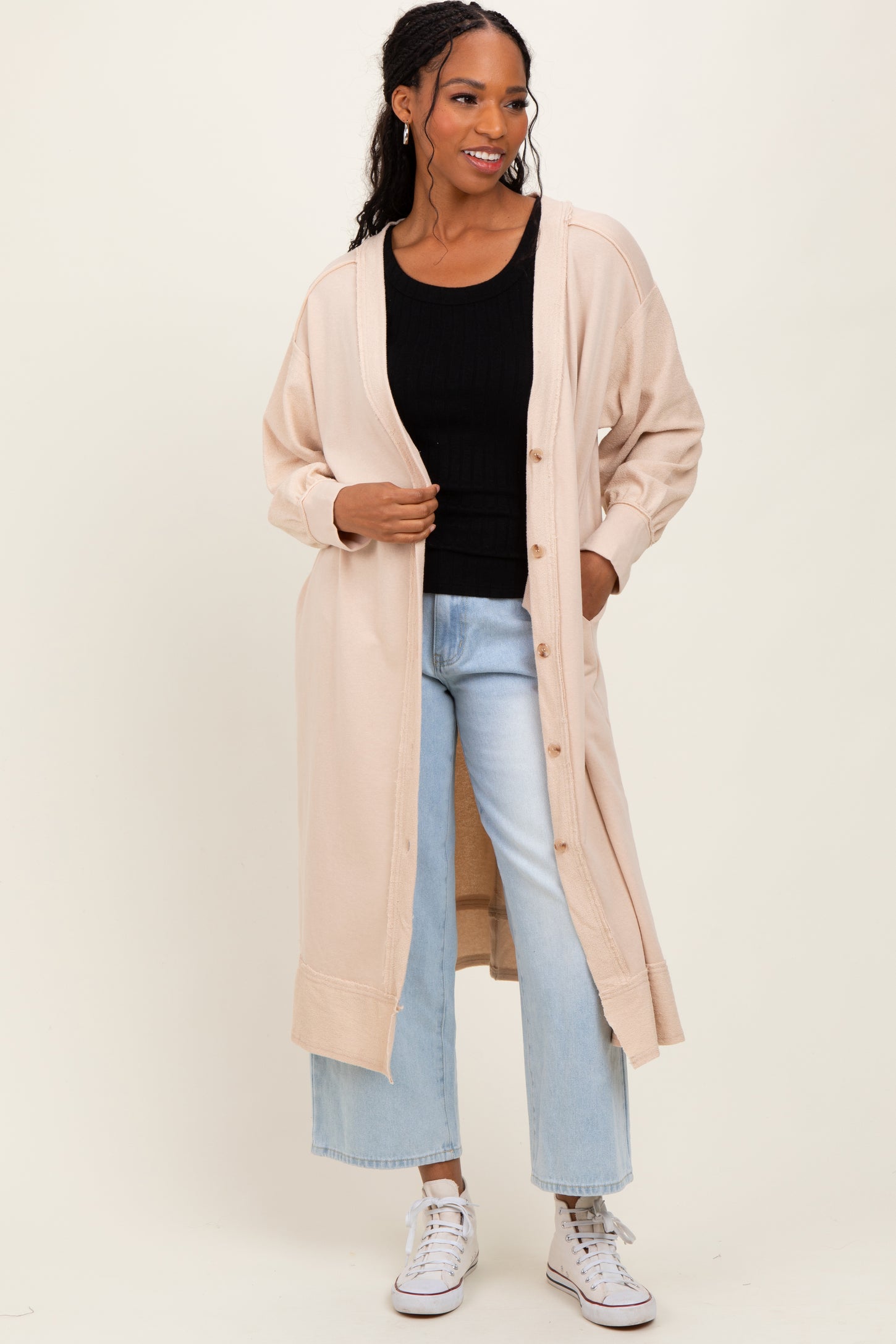 Cream Button Down Long Maternity Cardigan