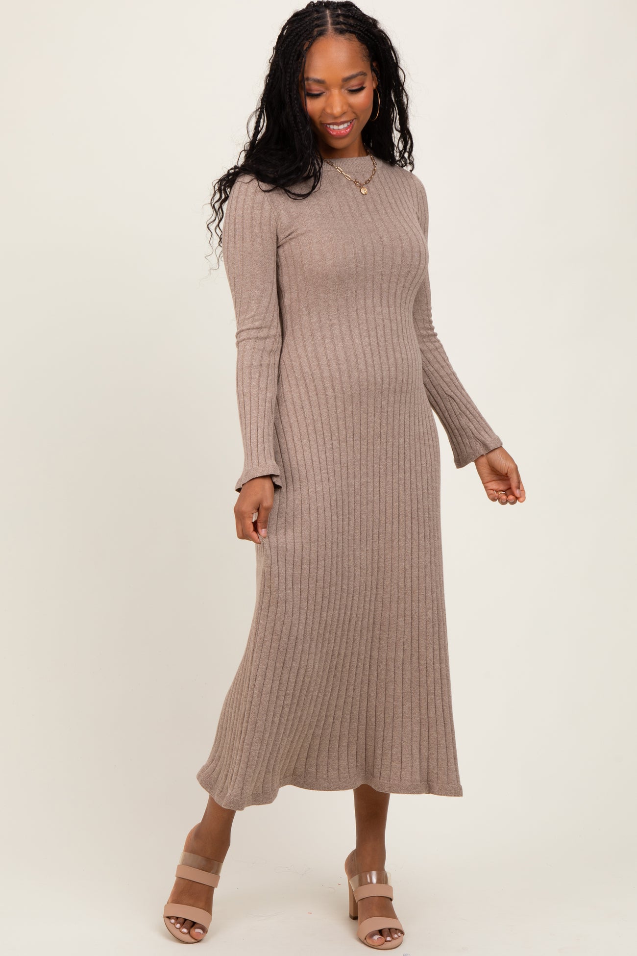 Light Mocha Ribbed Knit Maternity Midi Sweater Dress