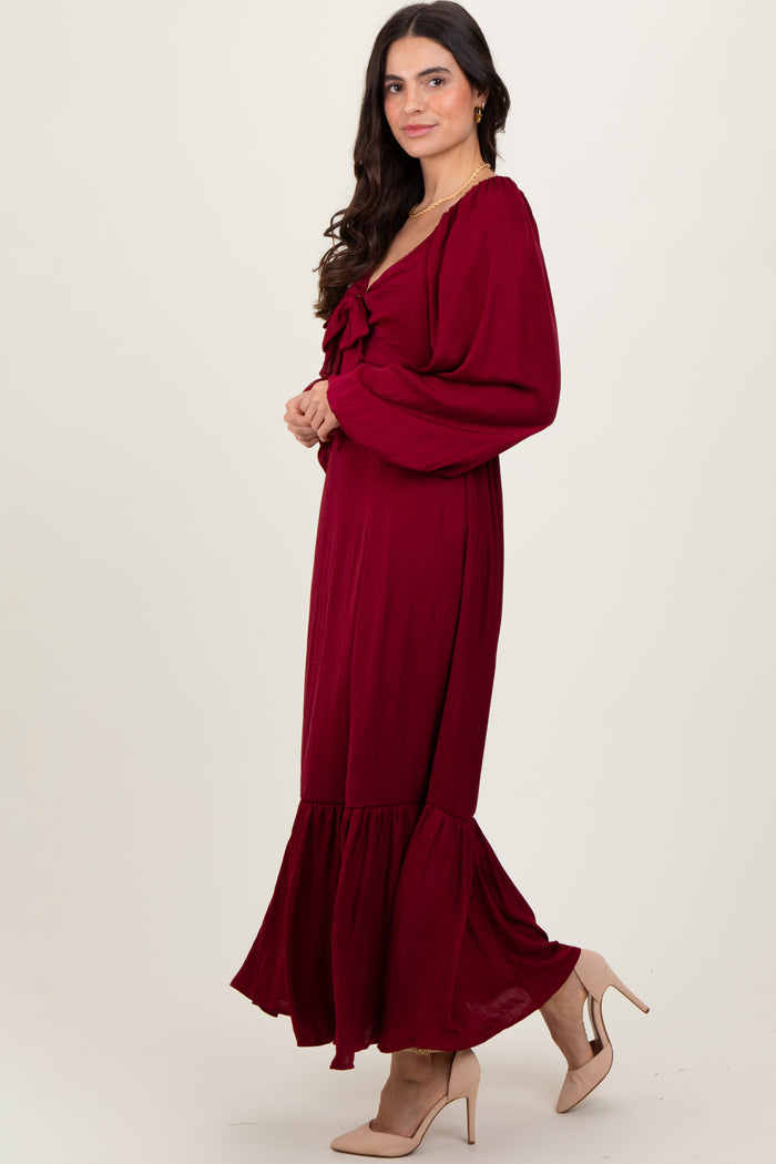 Burgundy Bow Satin Maternity Maxi Dress