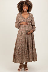 Mocha Raglan Sleeve Floral Button Maternity Maxi Dress