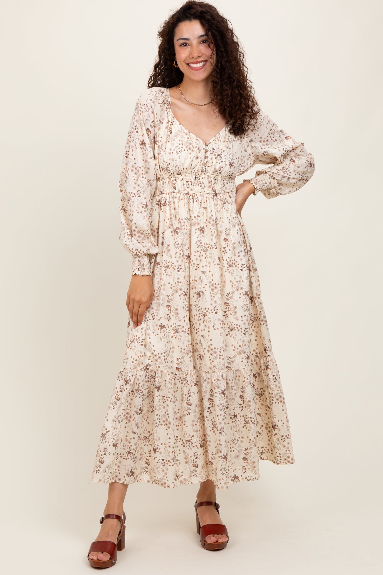 Cream Raglan Sleeve Floral Button Maternity Maxi Dress