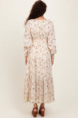 Cream Raglan Sleeve Floral Button Maxi Dress