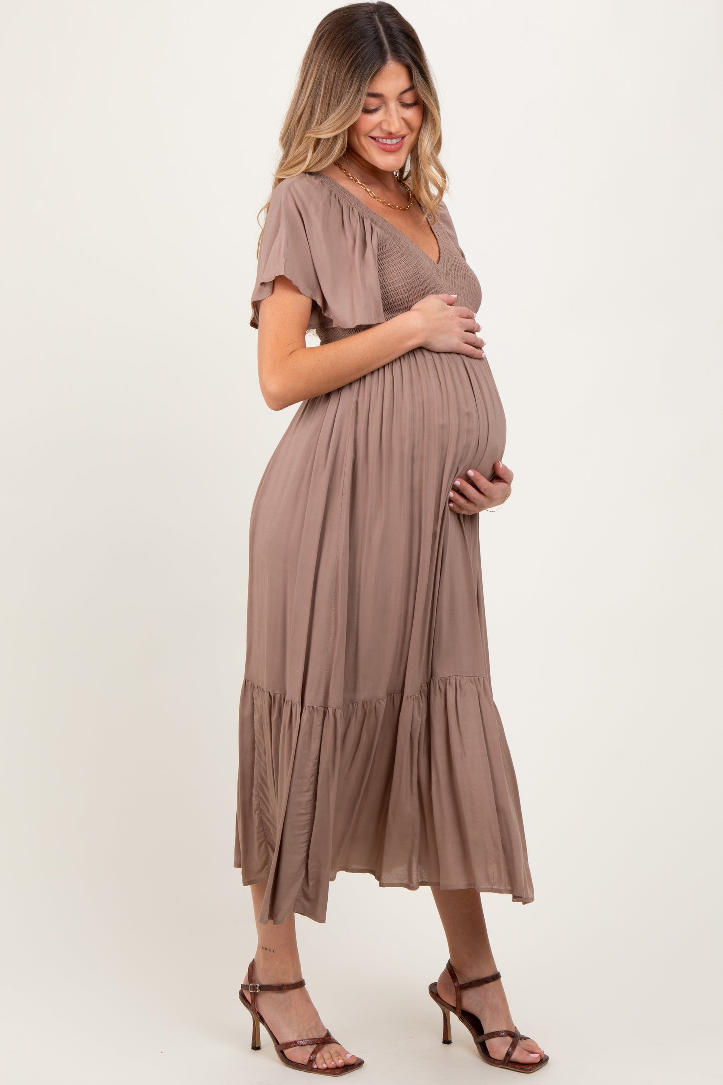 Mocha Smocked Maternity Midi Dress